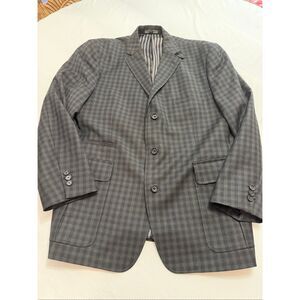 Johnston & Murphy Black Grey Plaid Wool Double Vent Sport Coat Blazer Size XL